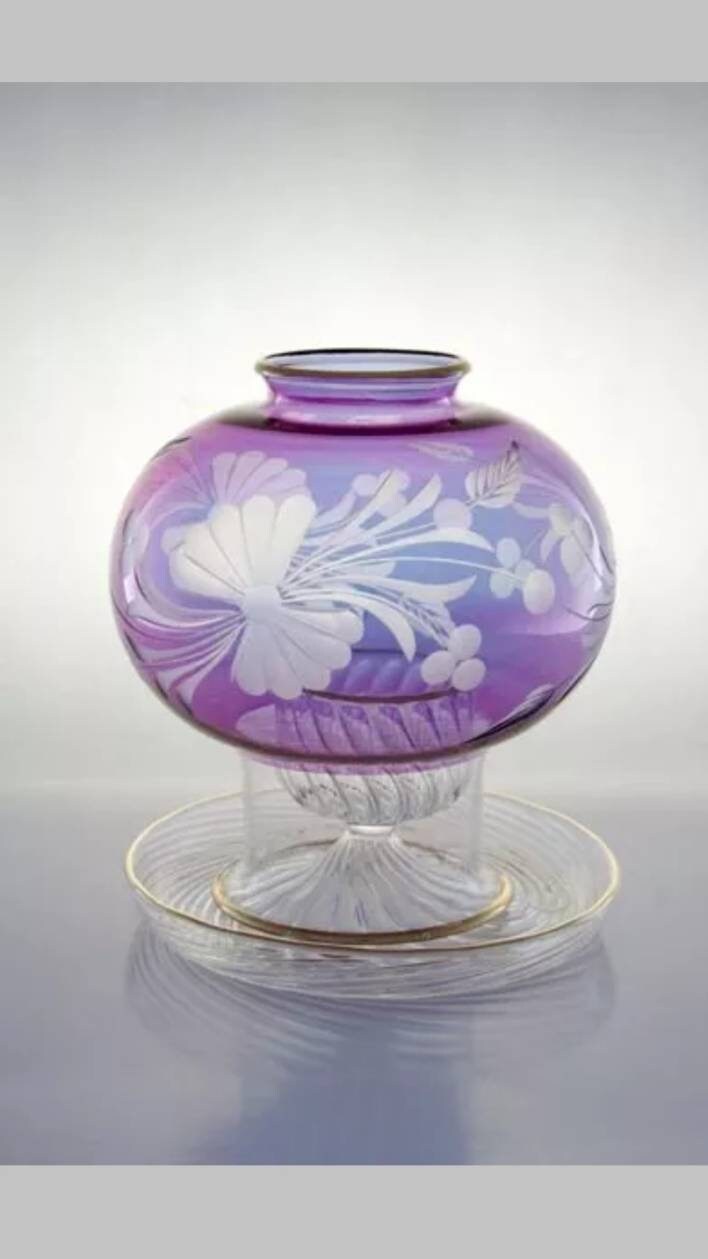 Purple engraved Latern candle holder hand made glass blown