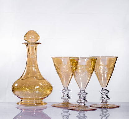 Handmade glassblowing art glass 3 Goblets and Decanter with amber color home and office decor glassware with glass engraved