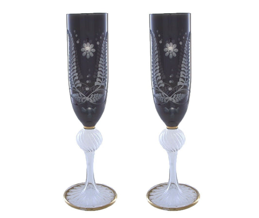 Pair of Black Engraved Art Glass Goblets Barware - Custom Glassblowing glassware - Handmade Glass Goblets - Custom Made Goblets