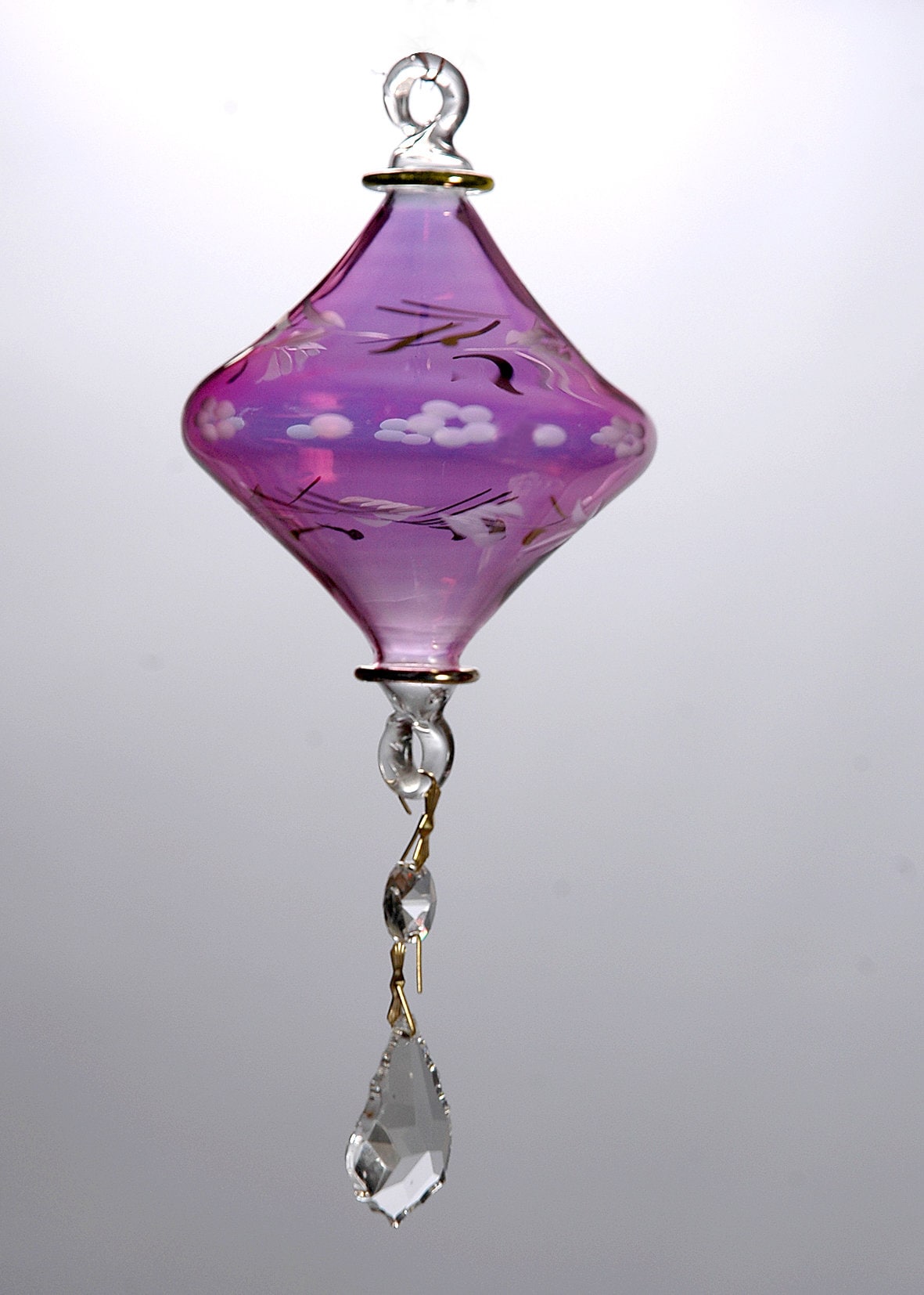 Purple Christmas tree Ball blown glass ornament hand made Glass ornamnets with Crystal Drop Hanger Handmade