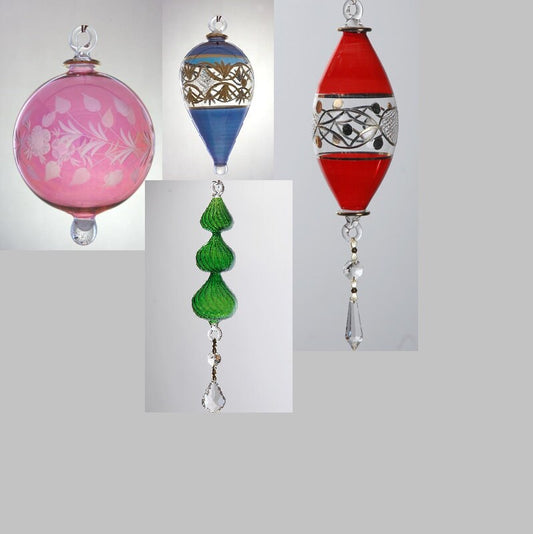 Set of 4 Hand blown Christmas Ornaments Handmade Blown Crystal Glass