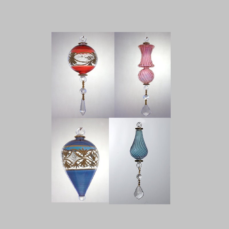 Set of 4 Hand blown Christmas Ornaments Handmade Blown Crystal Glass