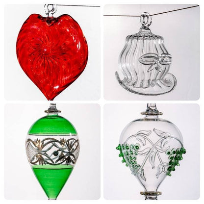 Set of 4 Christmas tree ornaments hand blown glass crystal gift hand made