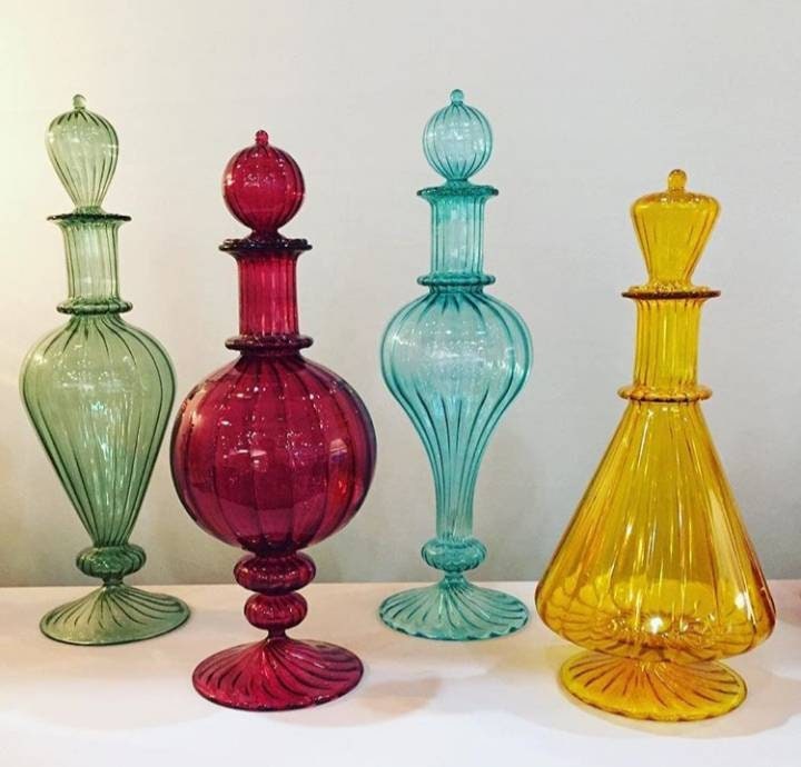 SET OF 4 Decanter Hand Blown Glass Art green ,red,blue and yellow colour home and office decorations also great wedding gift