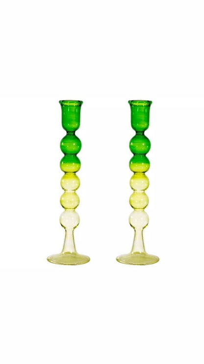 Set of 2 Vintage Green Degrade Glass Candle Holder ,Romantic Candle , Handmade Candle Stick Holder for Wedding gift, Candle Holder