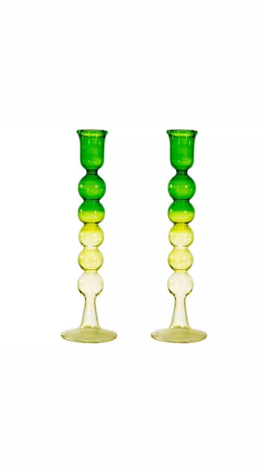 Set of 2 Vintage Green Degrade Glass Candle Holder ,Romantic Candle , Handmade Candle Stick Holder for Wedding gift, Candle Holder