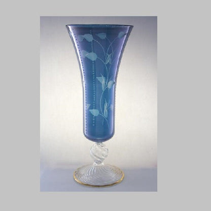 Blue Hand made Vase Engraved blown glass with gold Modern Curves