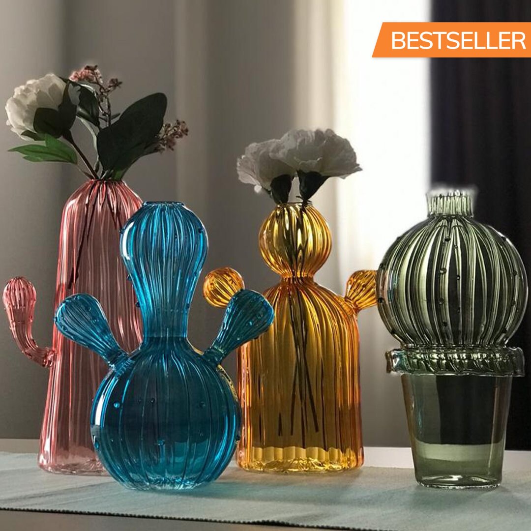 Set of 4 Cactus shaped Art Deco Vase, Hand blown Glassware, Vintage glass vase ,colored glass vases ,vase for flowers, Gift