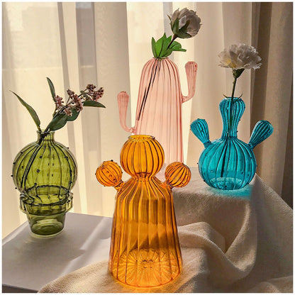 Set of 4 Cactus shaped Art Deco Vase, Hand blown Glassware, Vintage glass vase ,colored glass vases ,vase for flowers, Gift