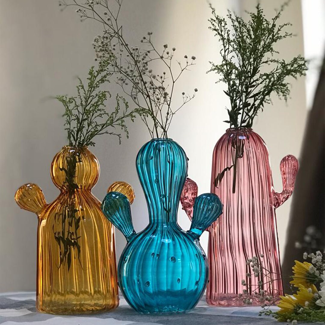 Set of 4 Cactus shaped Art Deco Vase, Hand blown Glassware, Vintage glass vase ,colored glass vases ,vase for flowers, Gift