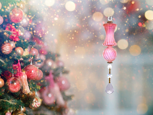 Pink colored Christmas tree Glass ornaments Ball with Hanging Crystal ,Swirl