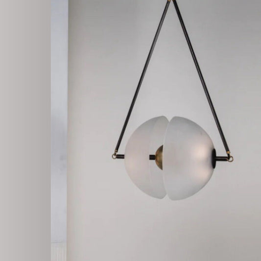 Modern Ceiling Light - Blown Glass Frosted Light Pendant - Mid Century Brass Pendent Light - light Fixture - Leather Pendant Light - SYNAPSE