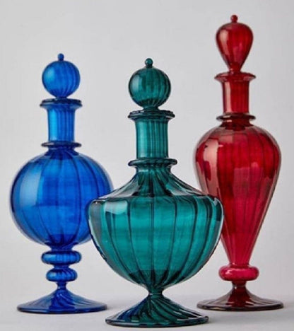 SET OF 4 Decanter Hand Blown Glass Art green ,red,blue and yellow colour home and office decorations also great wedding gift