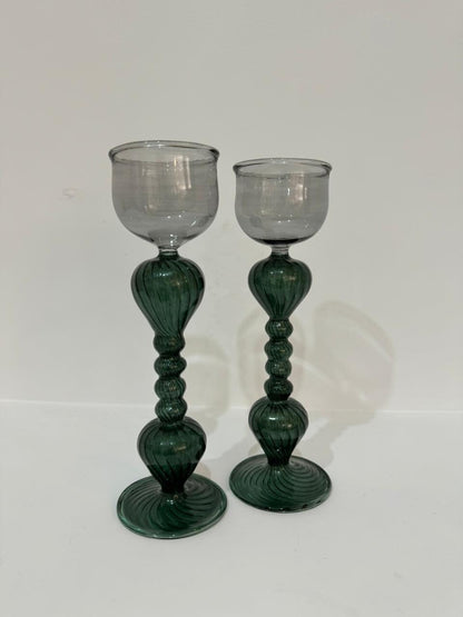 Vintage Green Hued Candle Holder - Romantic Candle Holder - Handmade Candle Stick Holder - Wedding gift - Glass Candle Holder - Antique Deco